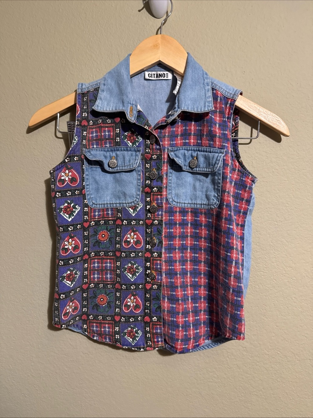VTG Gitano Girls' Patchwork Sleeveless Denim-Collar Shirt - Red & Blue - Size 6